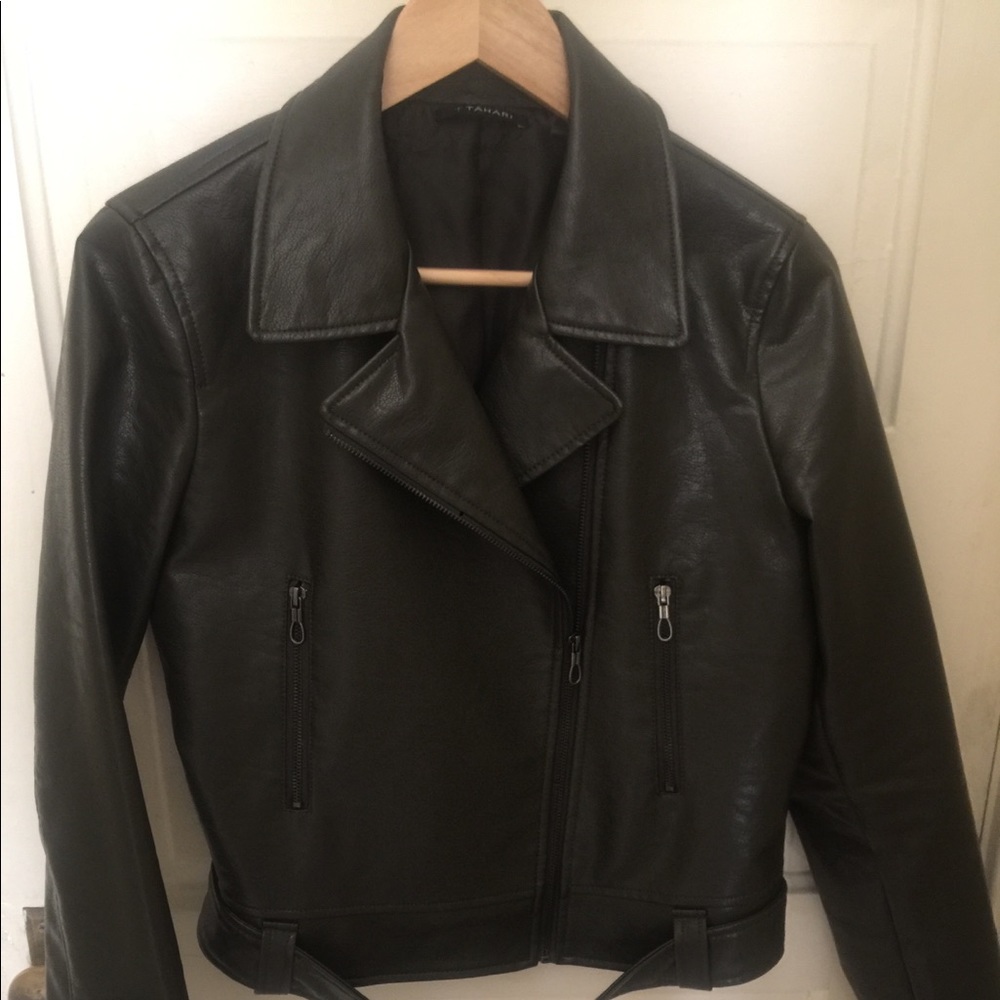Tahari green pleather Moto jacket